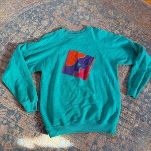 Hanes Vintage Teal Crewneck Sweater with Abstract Design